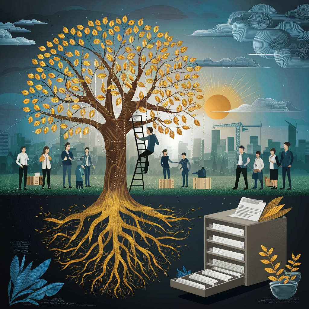 Evocative illustration of business succession planning with a legacy tree.