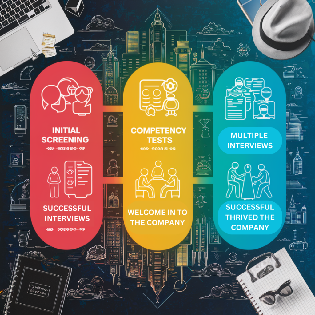 Recruitment process flowchart, icons from screening to welcoming new hire