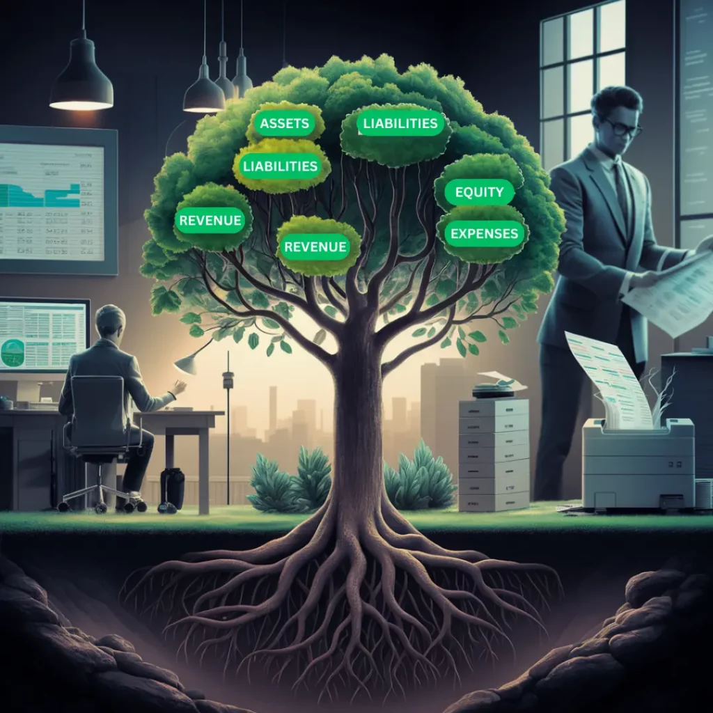 Chart of accounts illustrated as a structured tree in an office setting.