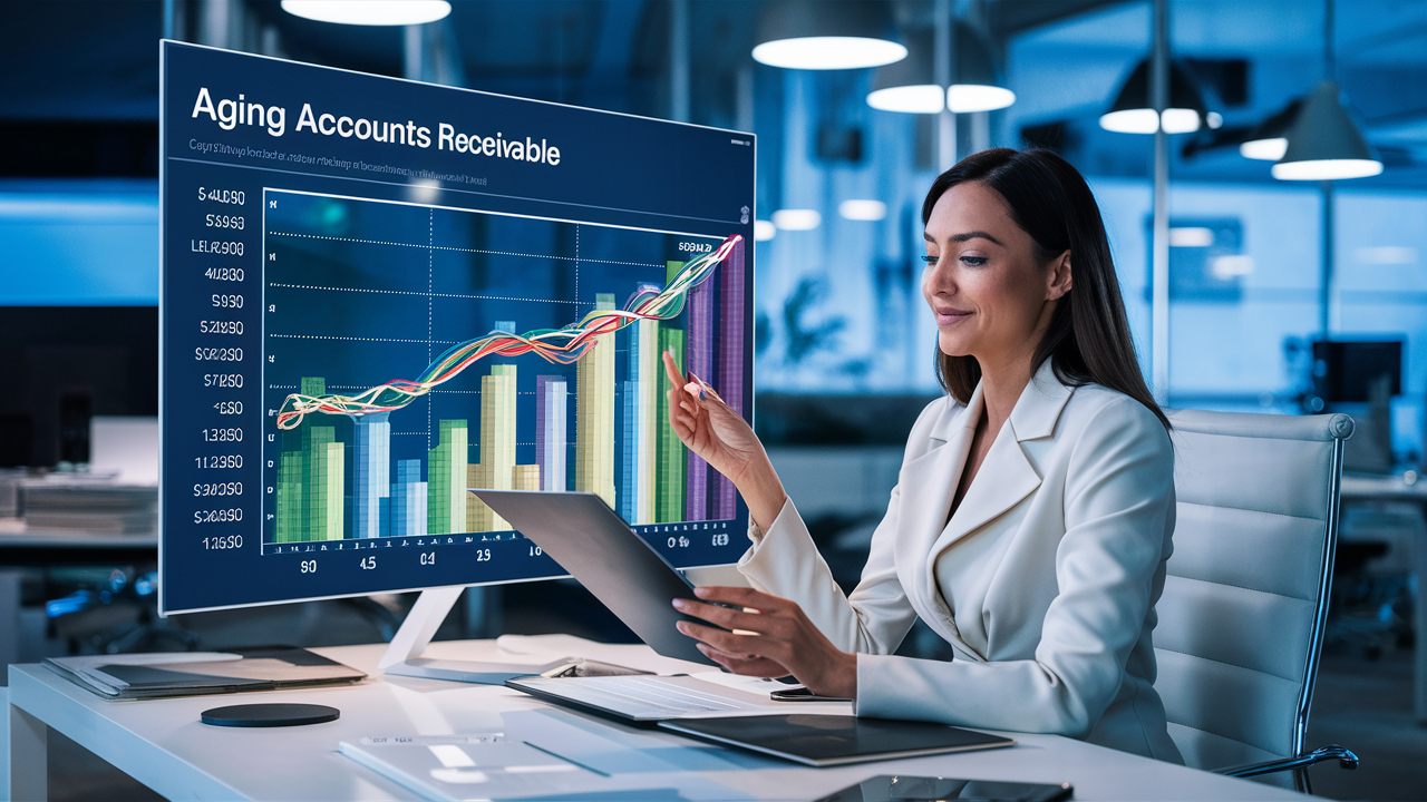 reviewing a digital document on a large screen, which displays an aging accounts receivable report