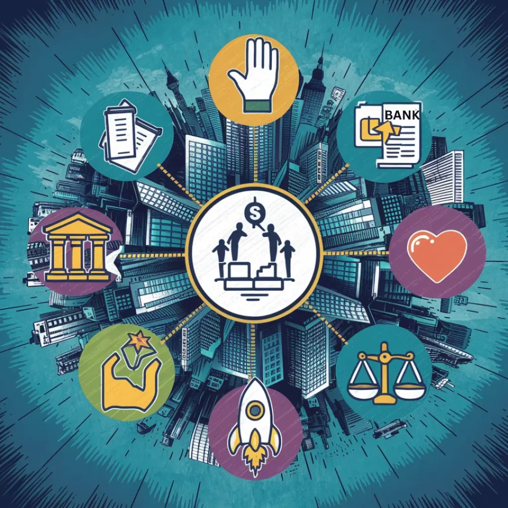 A diverse range of capital sources, each represented by a distinct symbol, symbolizes the concept of growth capital. In the center, a startup logo signifies fundraising, surrounded by symbols of various financing methods: a bootstrapping hand, a crowdfunding platform, a bank with a loan document, an angel investor with a heart, a venture capitalist with a rocket, and a business scales balance. The background features a cityscape with a mix of modern and traditional buildings, representing the evolving landscape of business growth.