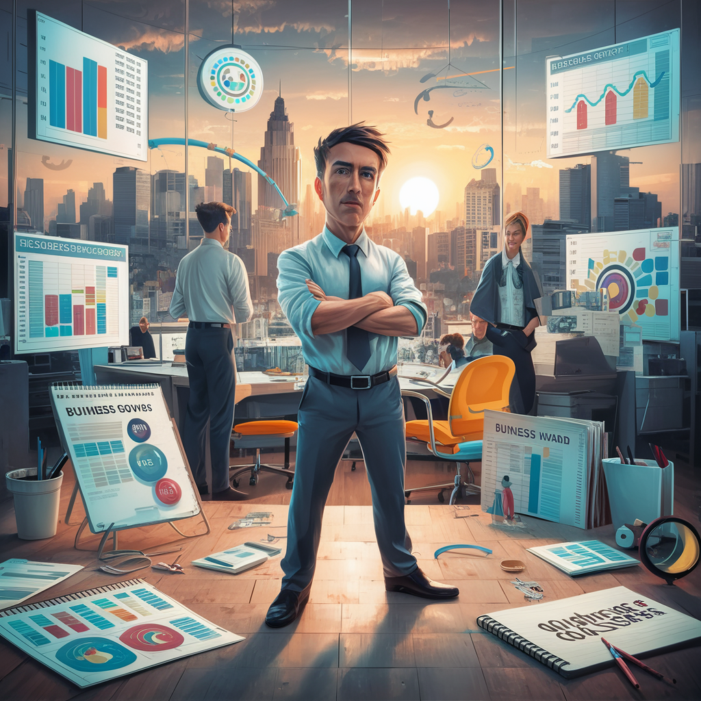 An artistic digital representation of a small business owner standing confidently in a bustling office environment, surrounded by various tools of success such as a laptop, business reports, and a notebook dedicated to goal setting strategies. In the background, the city skyline and a setting sun symbolize growth, progress, and the ever-changing business landscape. This illustration conveys a sense of organization, clarity, and the power of employing goal setting strategies to achieve personal and professional success in the world of business consulting.