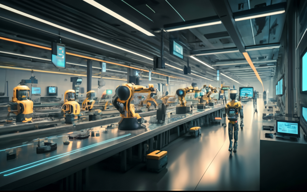 A futuristic, high-tech factory floor, bustling with robots and machines working in unison. The workstations are designed for efficient production of various SKUs, with assembly lines and conveyor belts moving seamlessly.