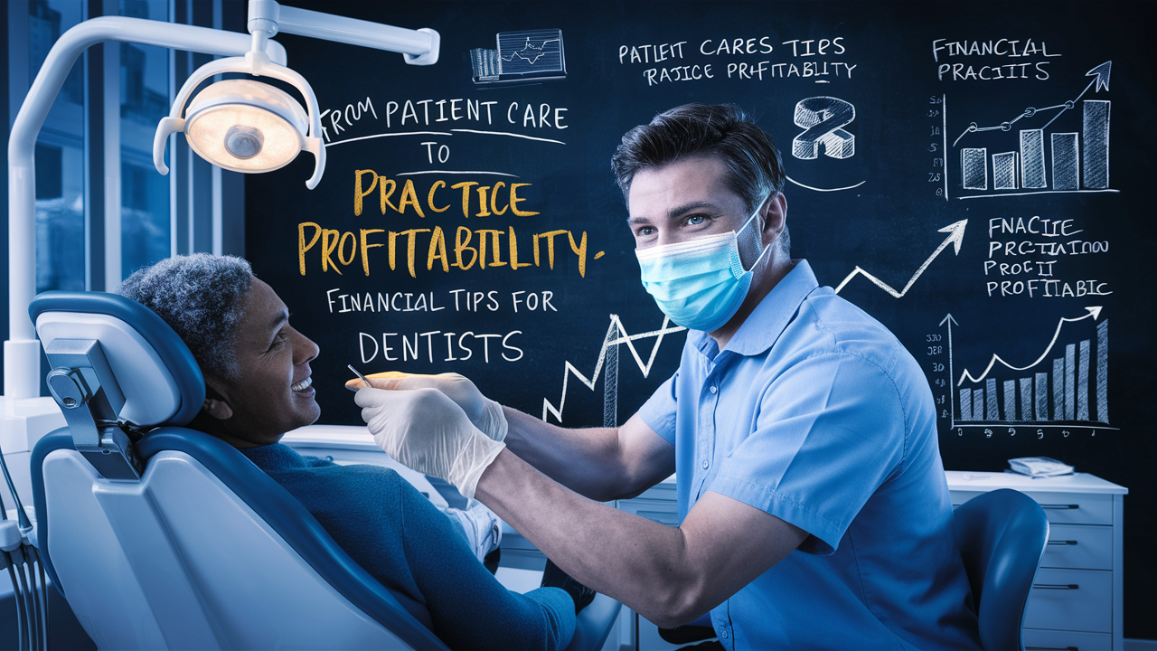 The image showcases a modern dental office with a smiling dentist, wearing a protective mask, assisting a patient in the dental chair. In the background, there's a chalkboard with financial tips and graphs, symbolizing the transformation of patient care into practice profitability.