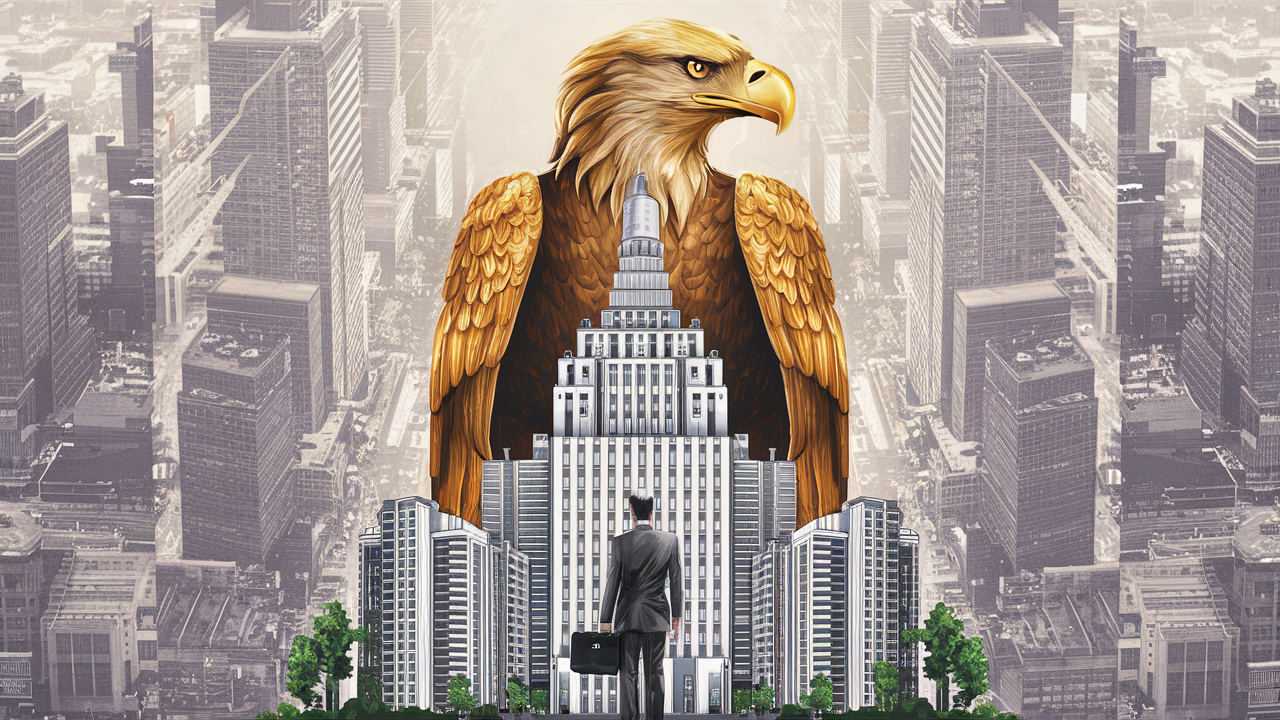 A majestic golden eagle perched a top a skyscraper, its eyes scanning the horizon. A lone businessman, dressed in a sharp suit and holding a briefcase, is standing at the base of the building