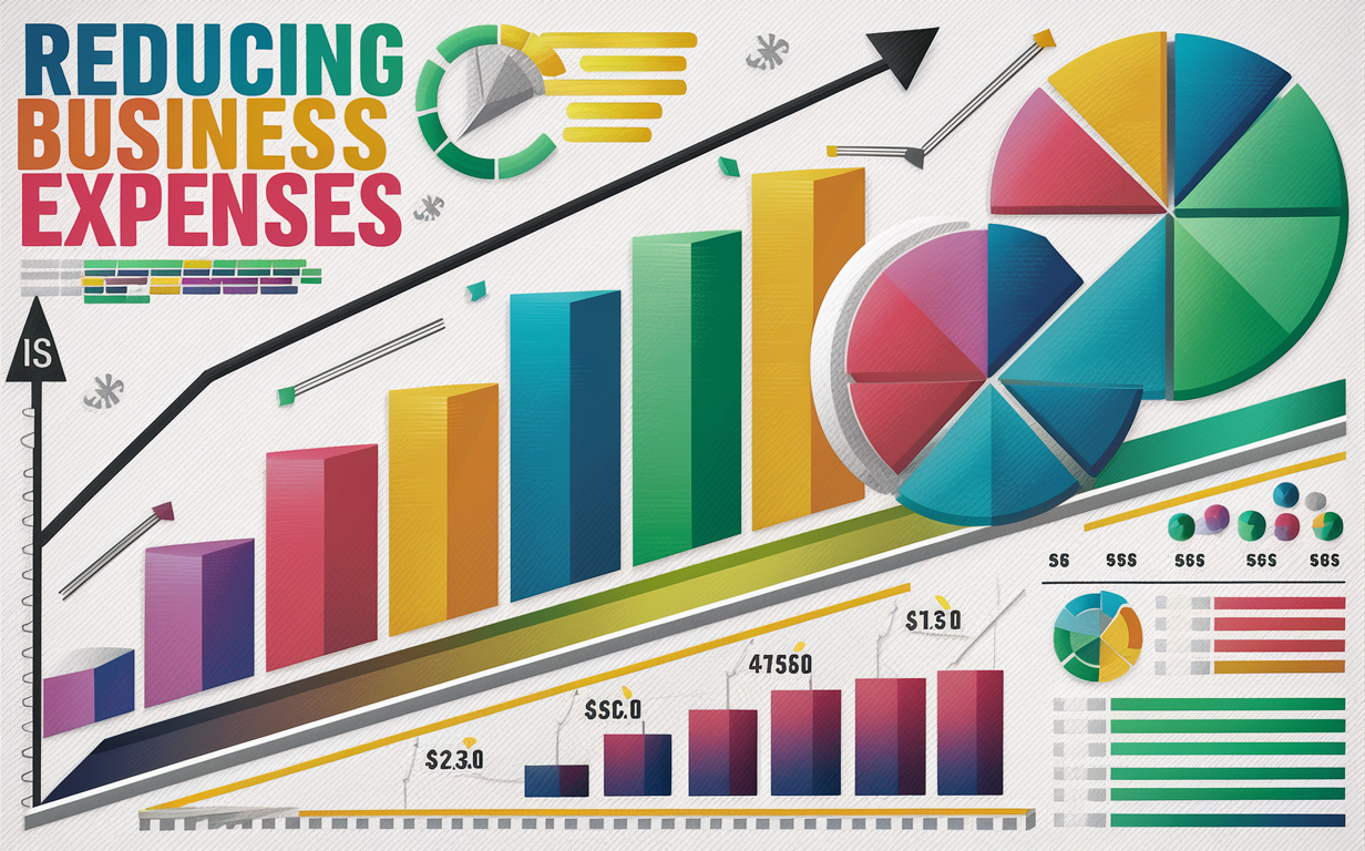 The design features a mix of colorful bar charts, pie graphs, and line graphs, showcasing various expense categories. 